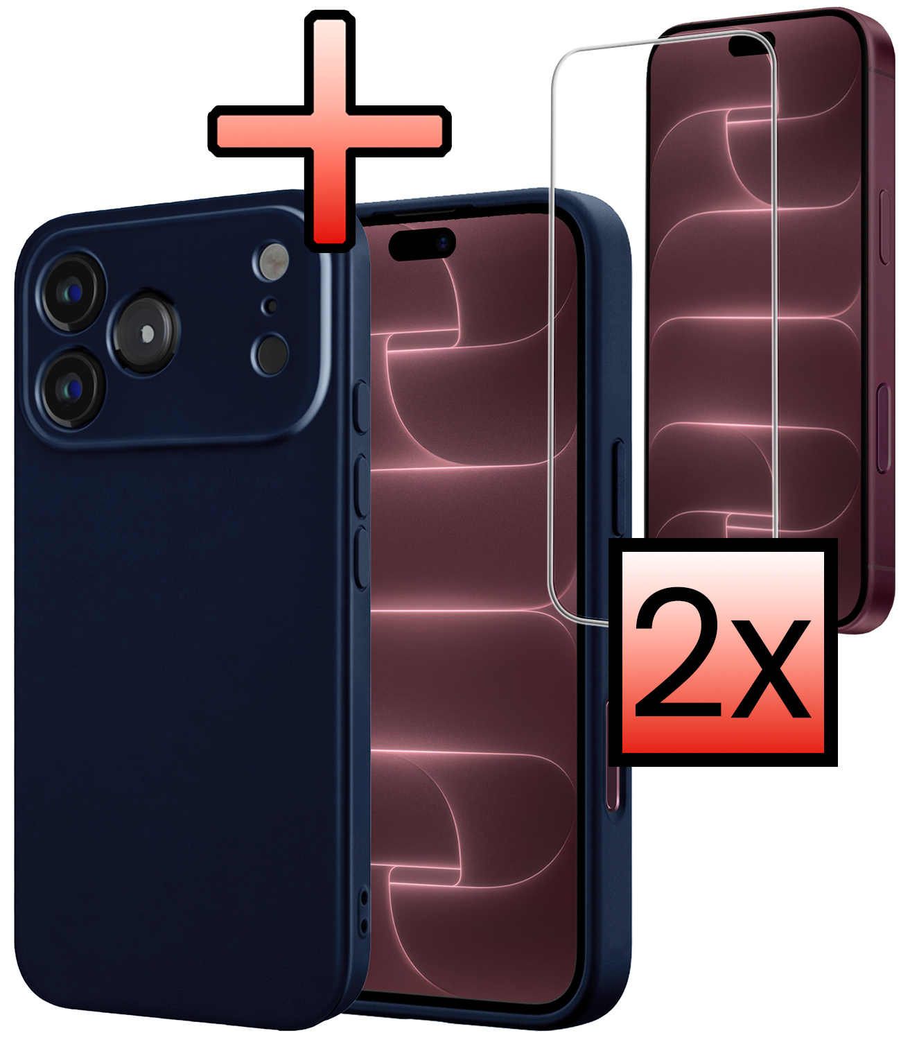 NoXx NoXx iPhone 18 Pro Hoesje Siliconen Met 2x Screenprotector Met Dichte Notch - Donkerblauw