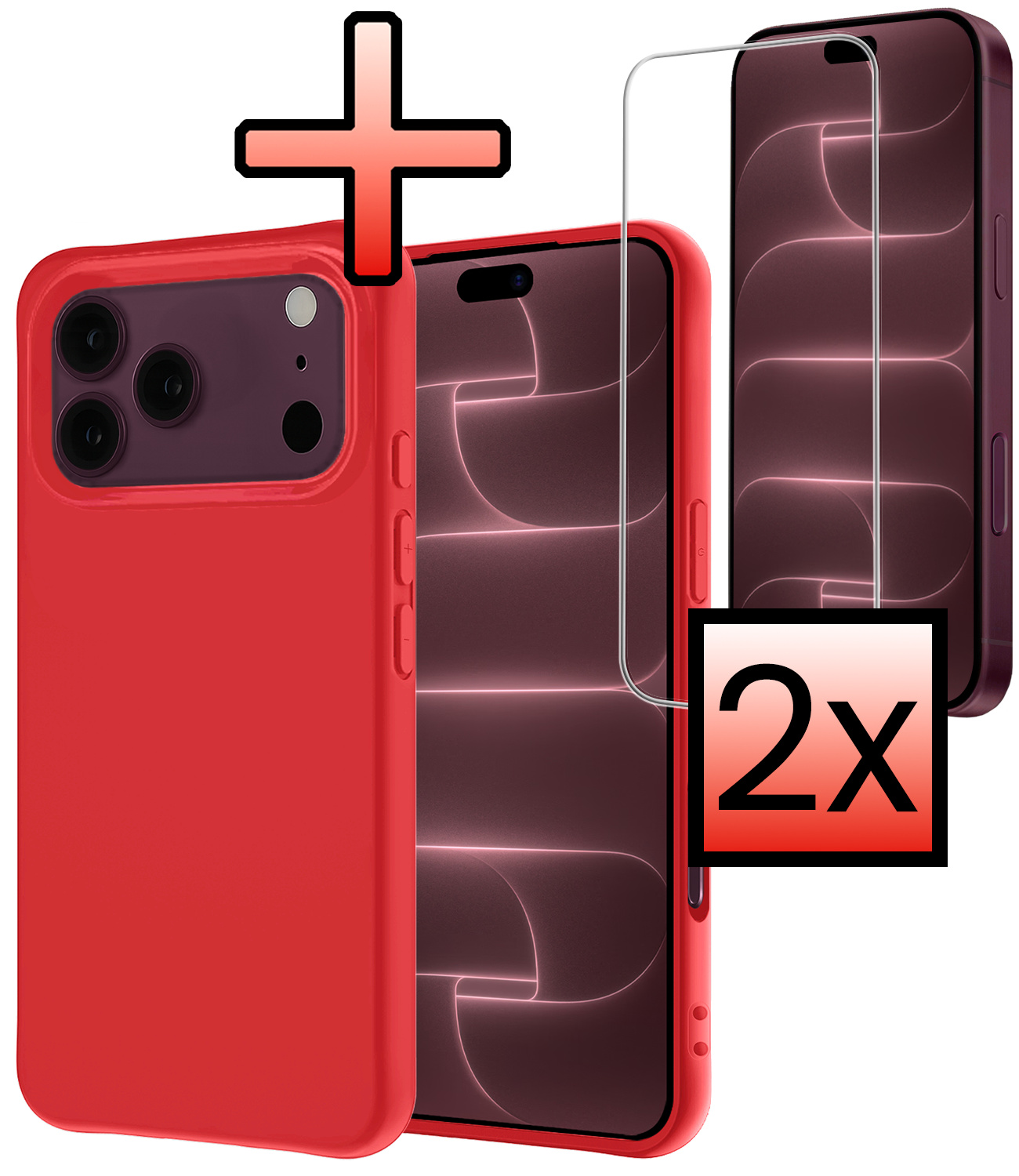 NoXx NoXx iPhone 18 Pro Hoesje Siliconen Met 2x Screenprotector Met Dichte Notch - Rood