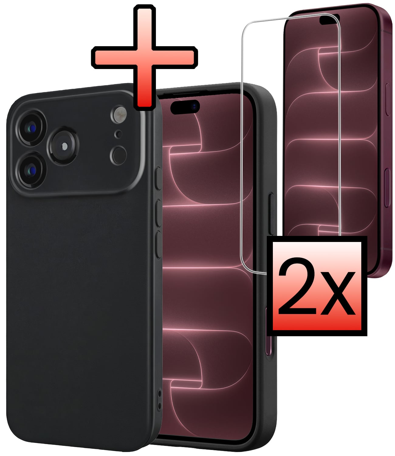NoXx NoXx iPhone 18 Pro Hoesje Siliconen Met 2x Screenprotector Met Dichte Notch - Zwart