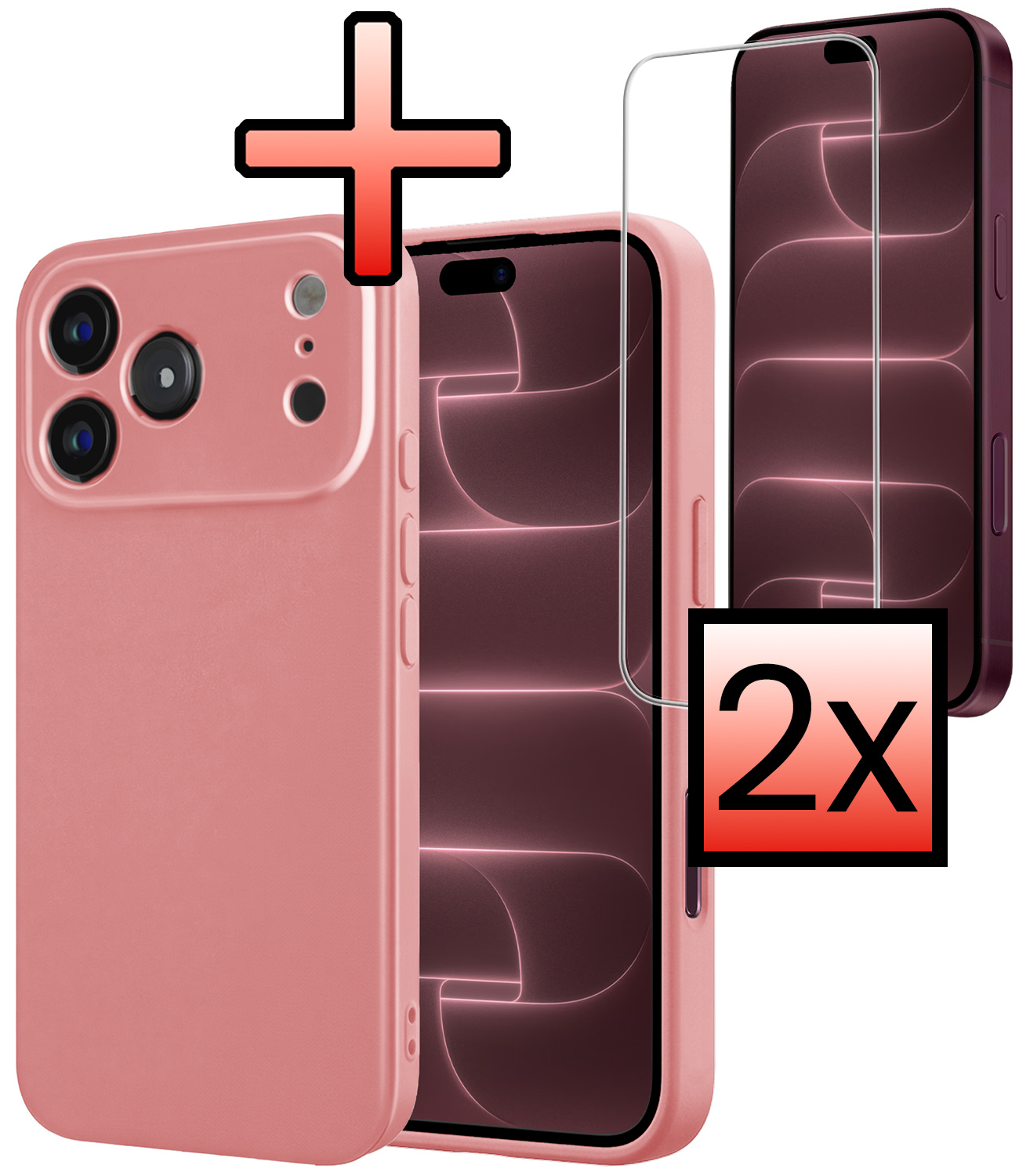NoXx NoXx iPhone 18 Pro Max Hoesje Siliconen Met 2x Screenprotector Met Dichte Notch - Lichtroze