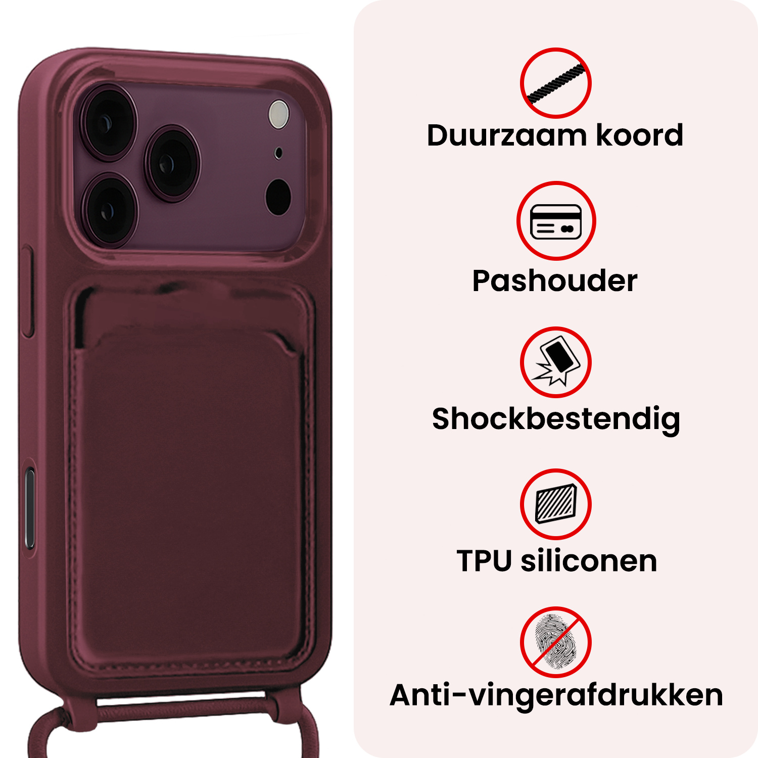 NoXx NoXx iPhone 18 Pro Max Hoesje Pashouder met Koord - Aubergine