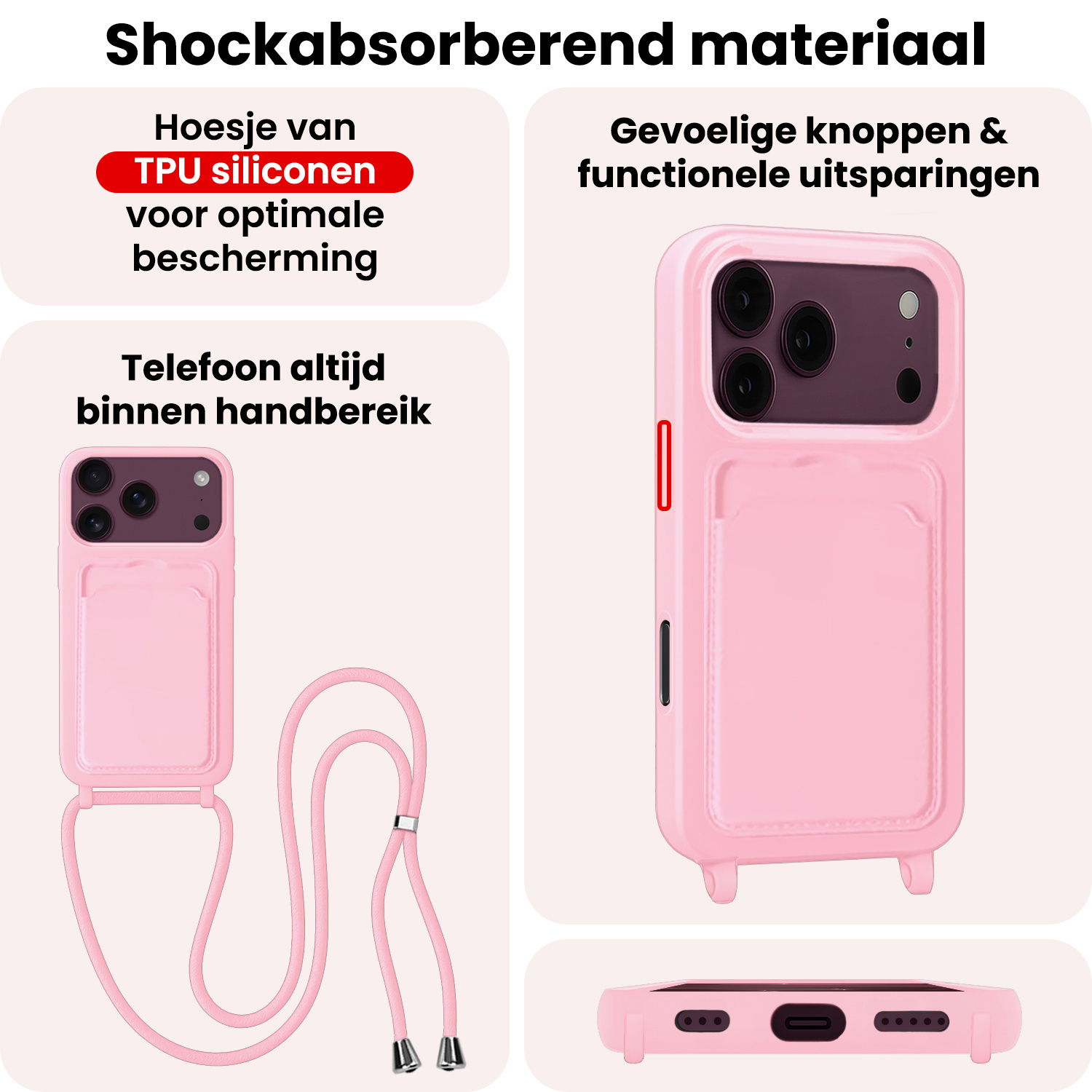 NoXx NoXx iPhone 18 Pro Max Hoesje Pashouder met Koord - Lichtroze