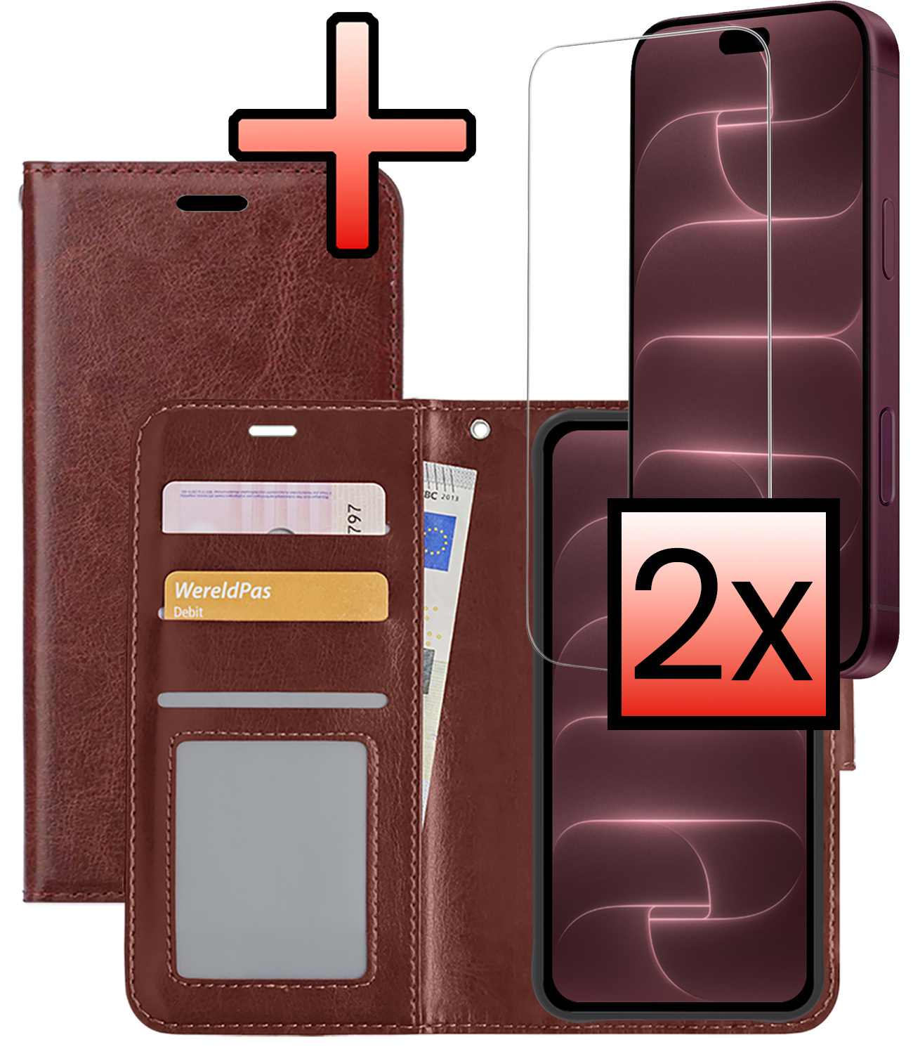 NoXx NoXx iPhone 18 Pro Hoesje Bookcase Met 2x Screenprotector - Bruin