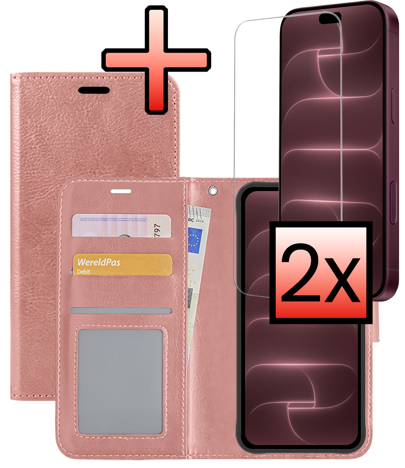 NoXx NoXx iPhone 18 Pro Hoesje Bookcase Met 2x Screenprotector - Rose Goud