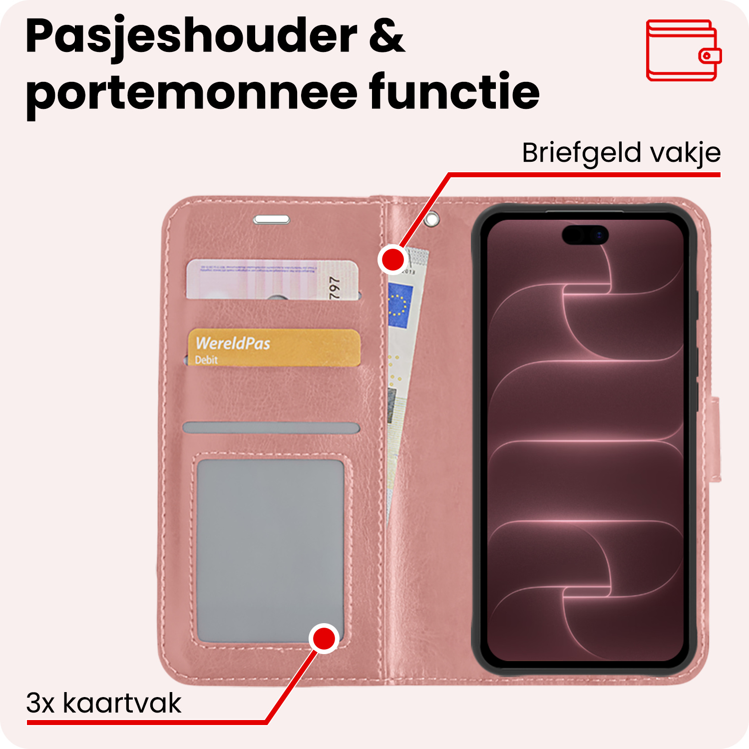 NoXx NoXx iPhone 18 Pro Hoesje Bookcase Met 2x Screenprotector - Rose Goud