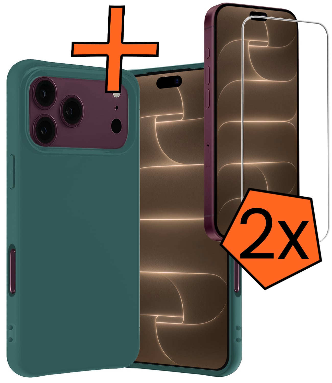 Nomfy Nomfy iPhone 18 Pro Hoesje Siliconen Met 2x Screenprotector Met Dichte Notch - Donkergroen