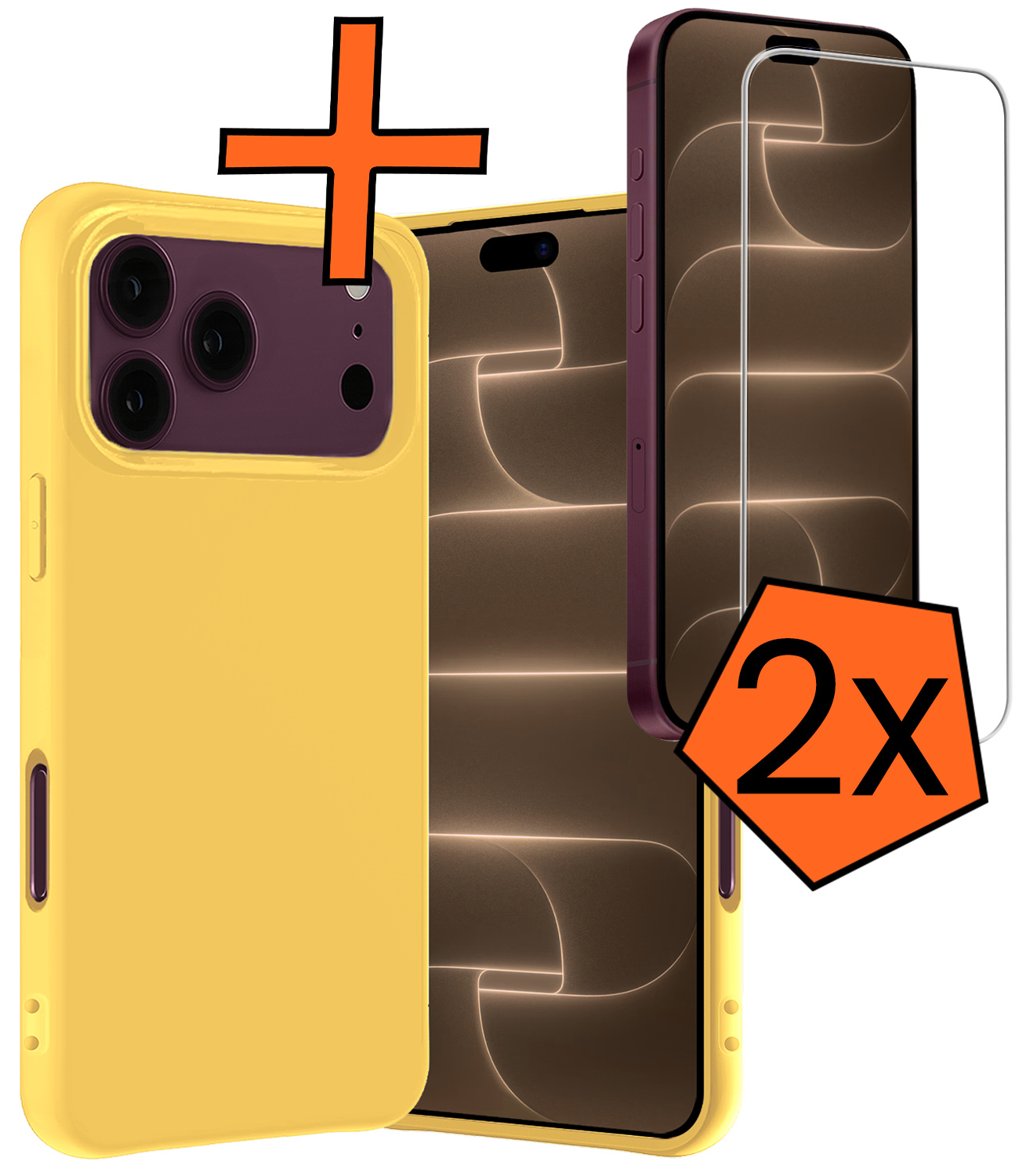 Nomfy Nomfy iPhone 18 Pro Hoesje Siliconen Met 2x Screenprotector Met Dichte Notch - Geel