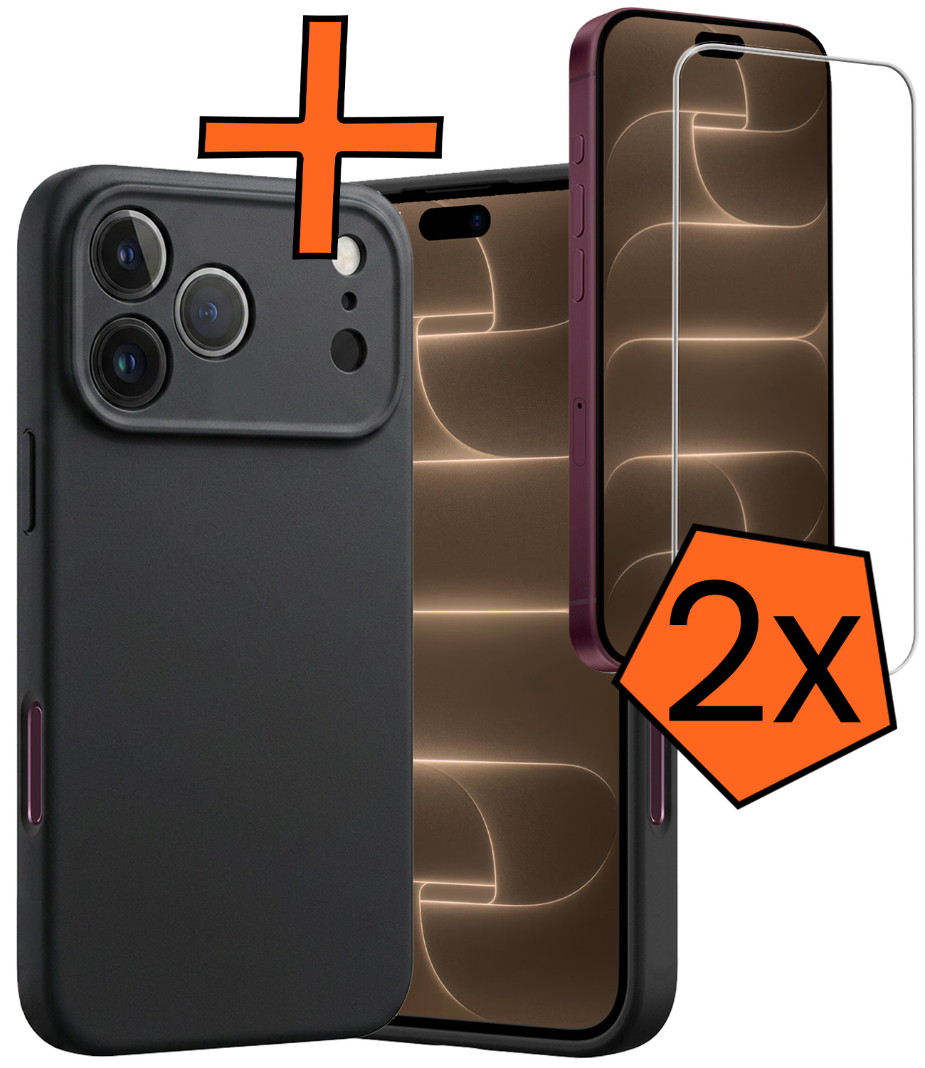 Nomfy Nomfy iPhone 18 Pro Hoesje Siliconen Met 2x Screenprotector Met Dichte Notch - Zwart