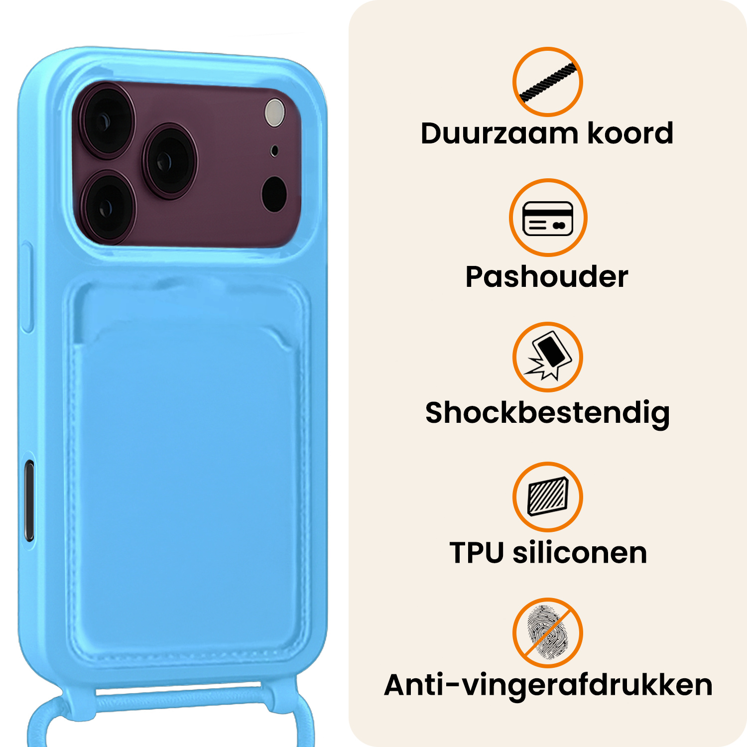 Nomfy Nomfy iPhone 18 Pro Hoesje Pashouder met Koord - Lichtblauw