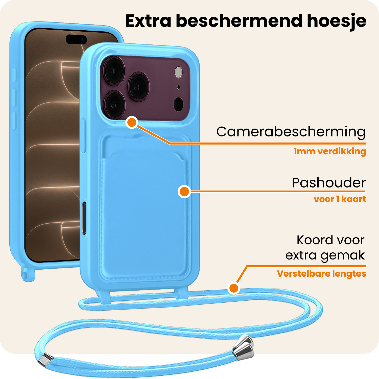 Nomfy Nomfy iPhone 18 Pro Hoesje Pashouder met Koord - Lichtblauw