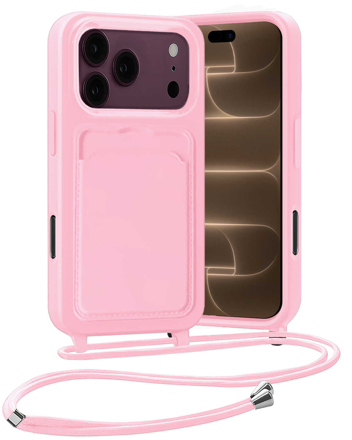 Nomfy Nomfy iPhone 18 Pro Hoesje Pashouder met Koord - Lichtroze