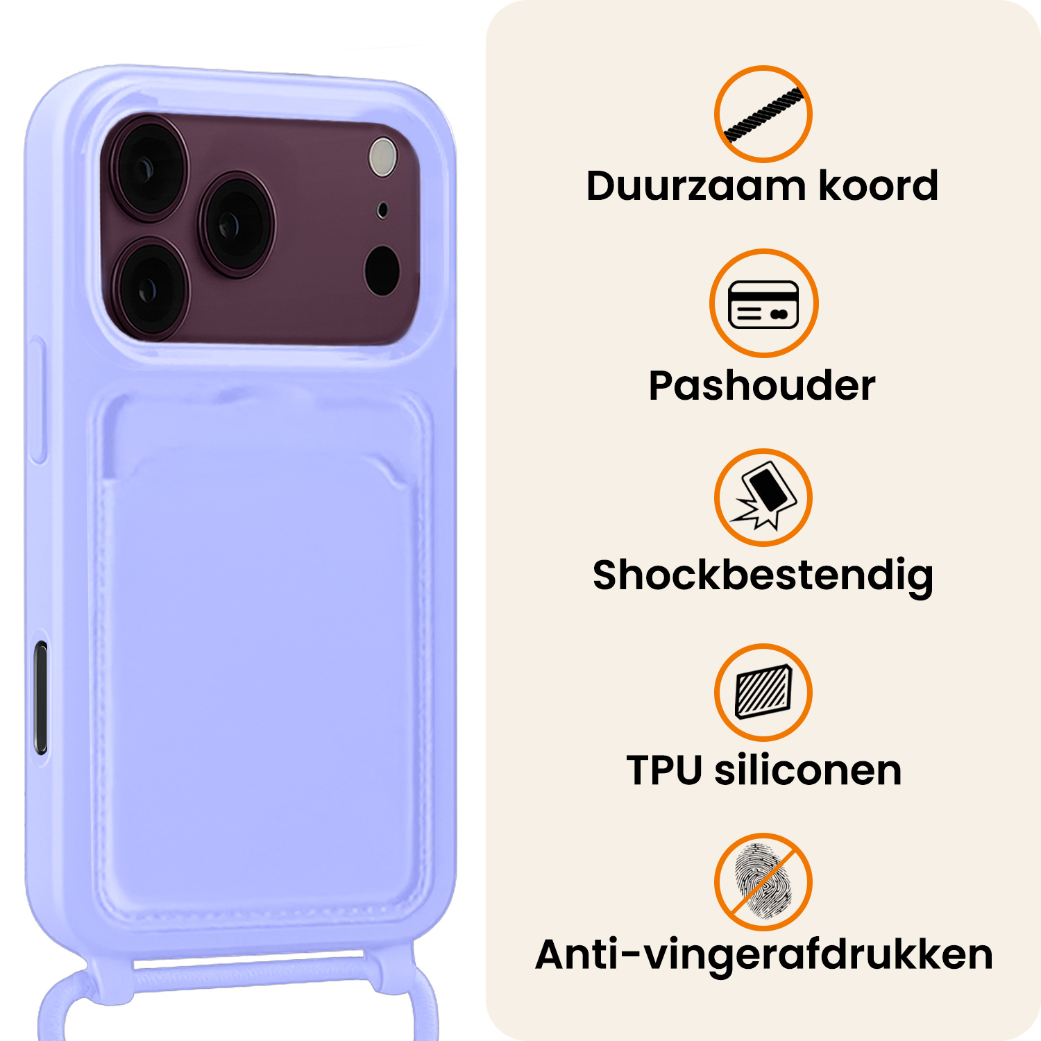 Nomfy Nomfy iPhone 18 Pro Hoesje Pashouder met Koord - Lila