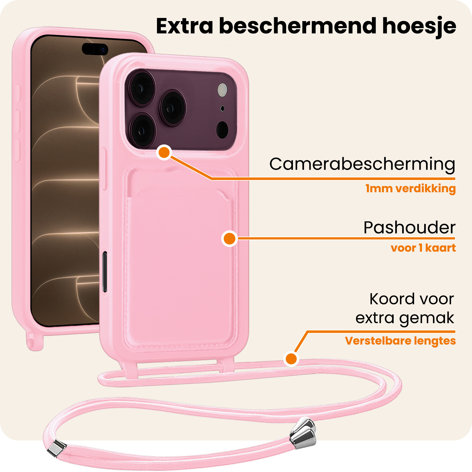Nomfy Nomfy iPhone 18 Pro Max Hoesje Pashouder met Koord - Lichtroze