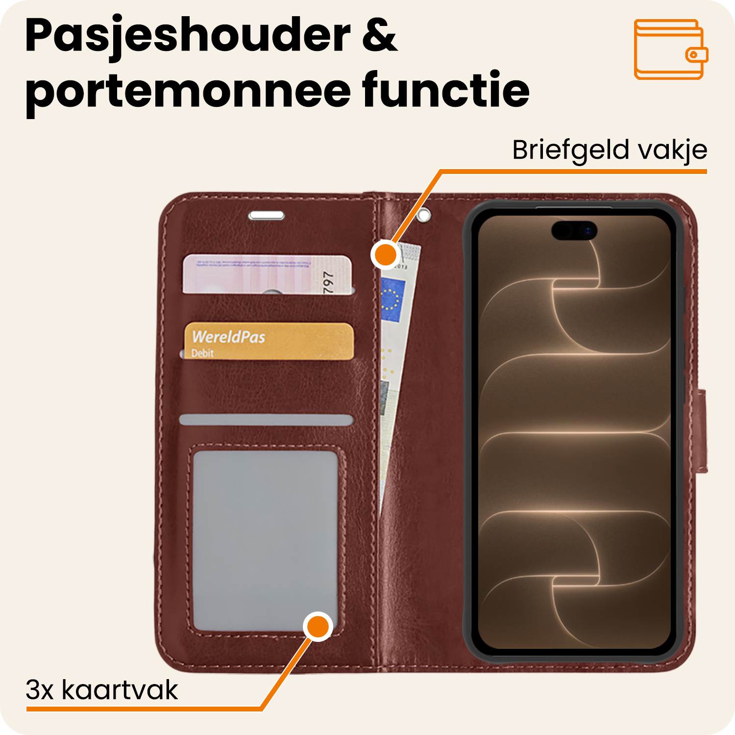Nomfy Nomfy iPhone 18 Pro Hoesje Bookcase Met Screenprotector - Bruin