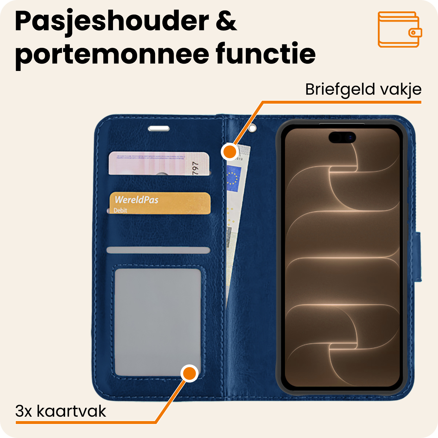 Nomfy Nomfy iPhone 18 Pro Hoesje Bookcase Met Screenprotector - Donkerblauw