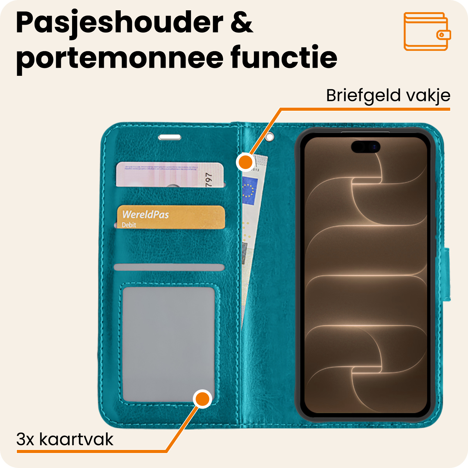 Nomfy Nomfy iPhone 18 Pro Hoesje Bookcase Met 2x Screenprotector - Turquoise