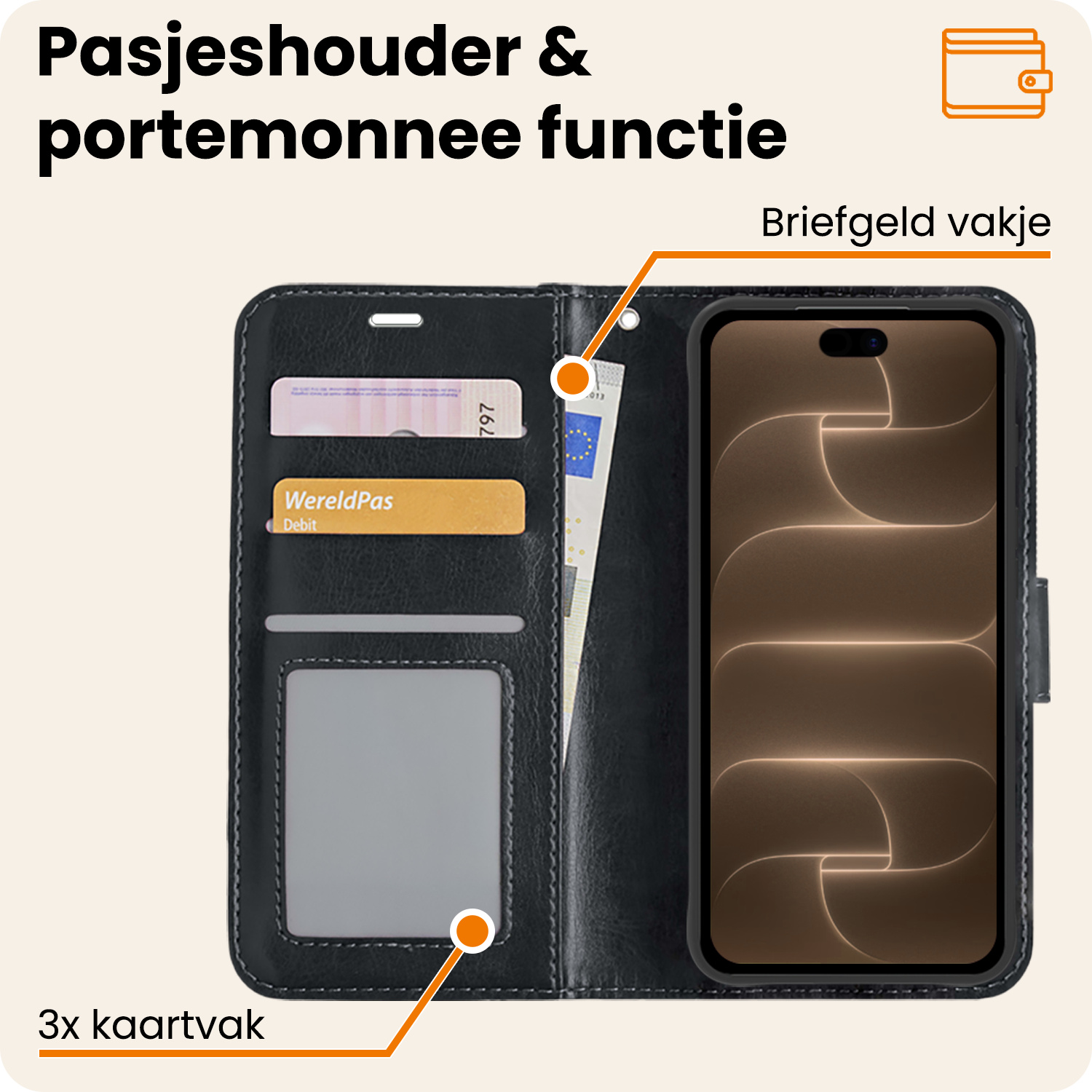 Nomfy Nomfy iPhone 18 Pro Hoesje Bookcase Met 2x Screenprotector - Zwart