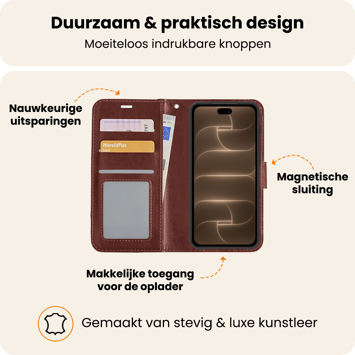Nomfy Nomfy iPhone 18 Pro Max Hoesje Bookcase Met 2x Screenprotector - Bruin