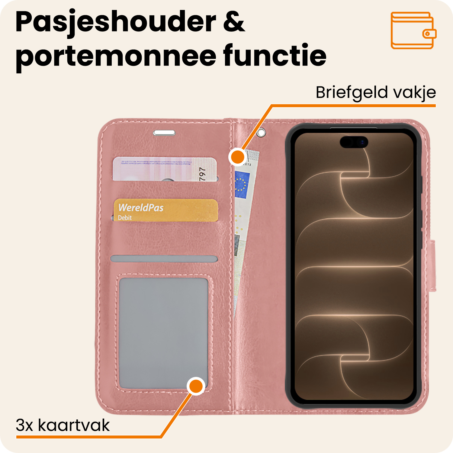 Nomfy Nomfy iPhone 18 Pro Max Hoesje Bookcase Met 2x Screenprotector - Rose Goud