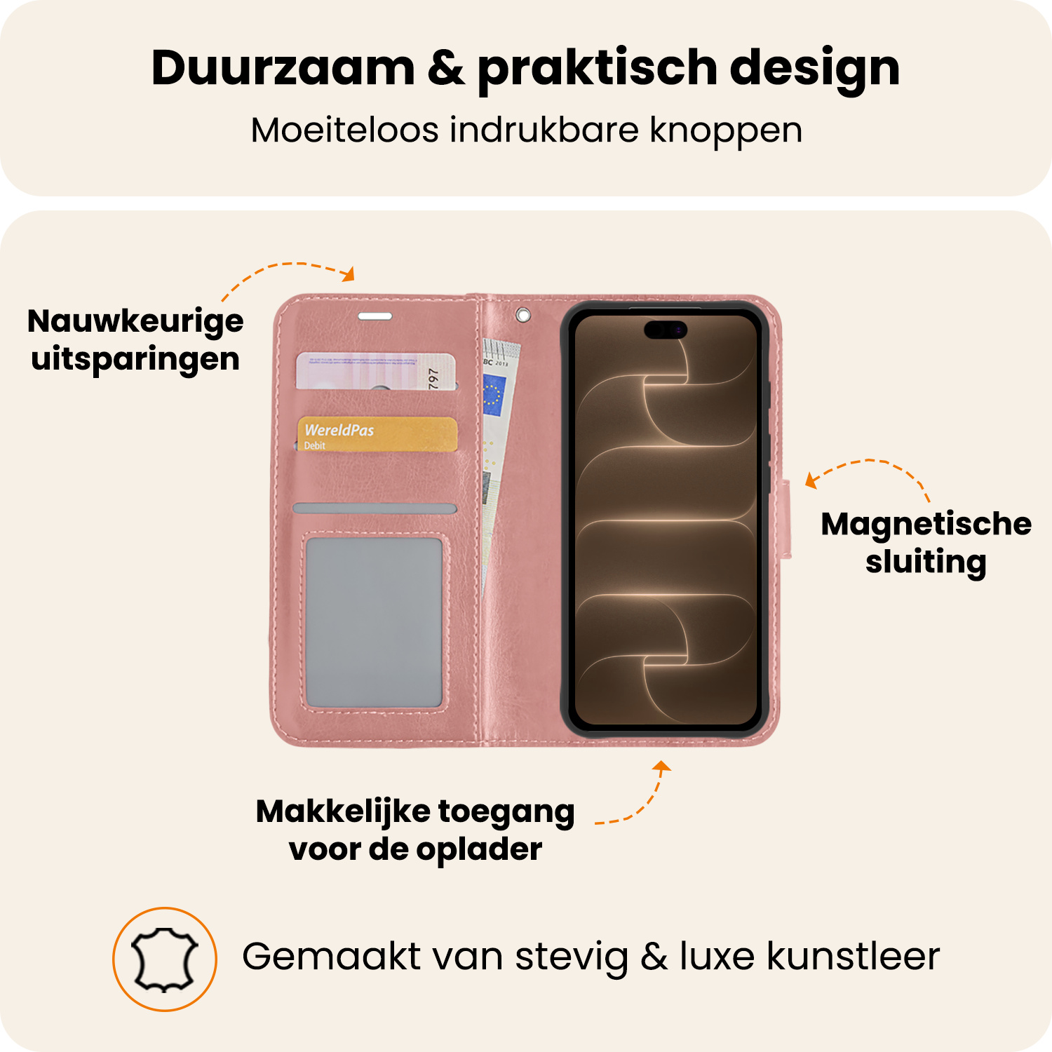 Nomfy Nomfy iPhone 18 Pro Max Hoesje Bookcase Met 2x Screenprotector - Rose Goud