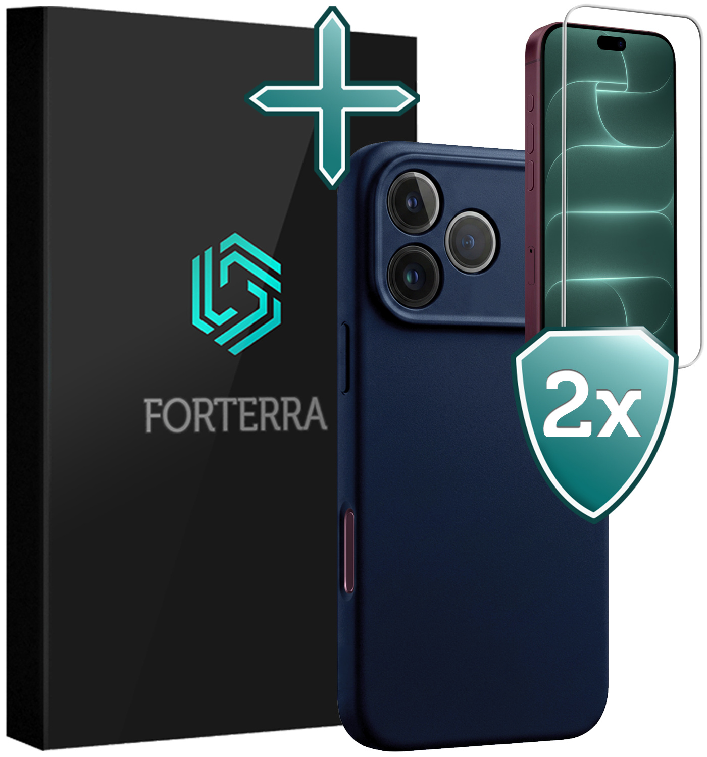 Forterra Forterra iPhone 18 Pro Hoesje Siliconen Met 2x Screenprotector Met Dichte Notch - Donkerblauw