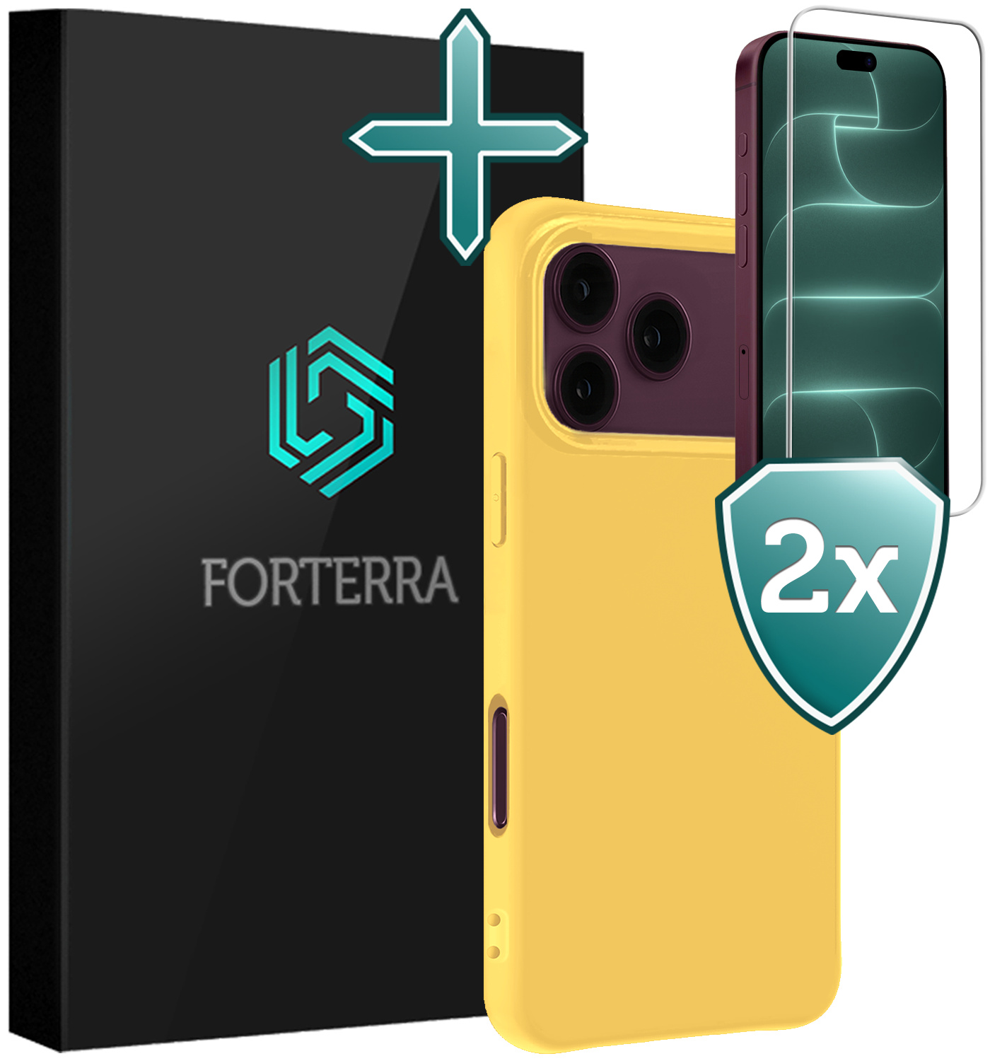 Forterra Forterra iPhone 18 Pro Hoesje Siliconen Met 2x Screenprotector Met Dichte Notch - Geel