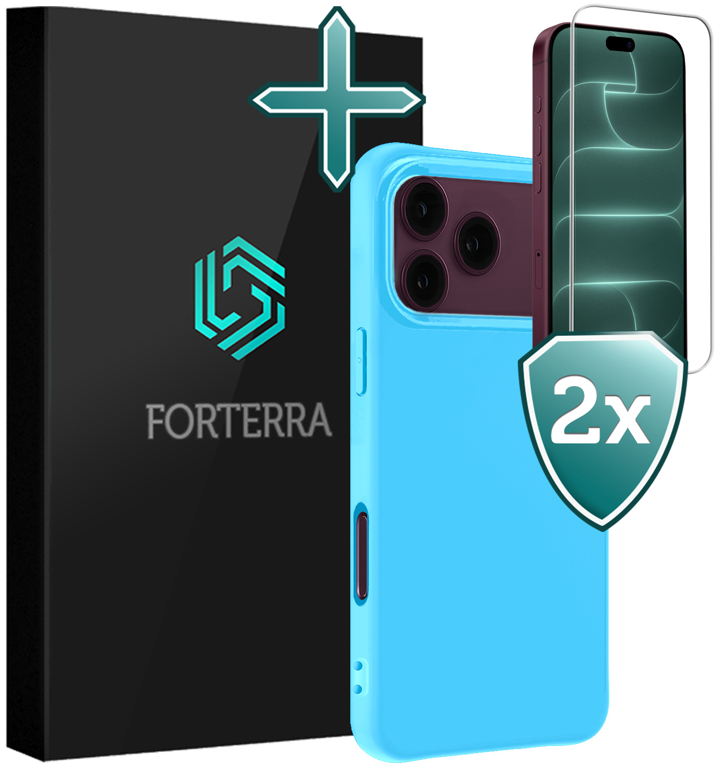 Forterra Forterra iPhone 18 Pro Hoesje Siliconen Met 2x Screenprotector Met Dichte Notch - Lichtblauw