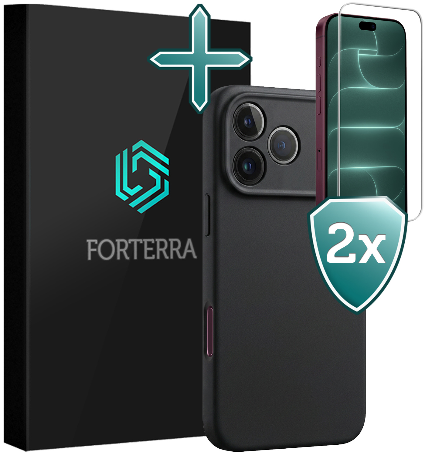 Forterra Forterra iPhone 18 Pro Hoesje Siliconen Met 2x Screenprotector Met Dichte Notch - Zwart