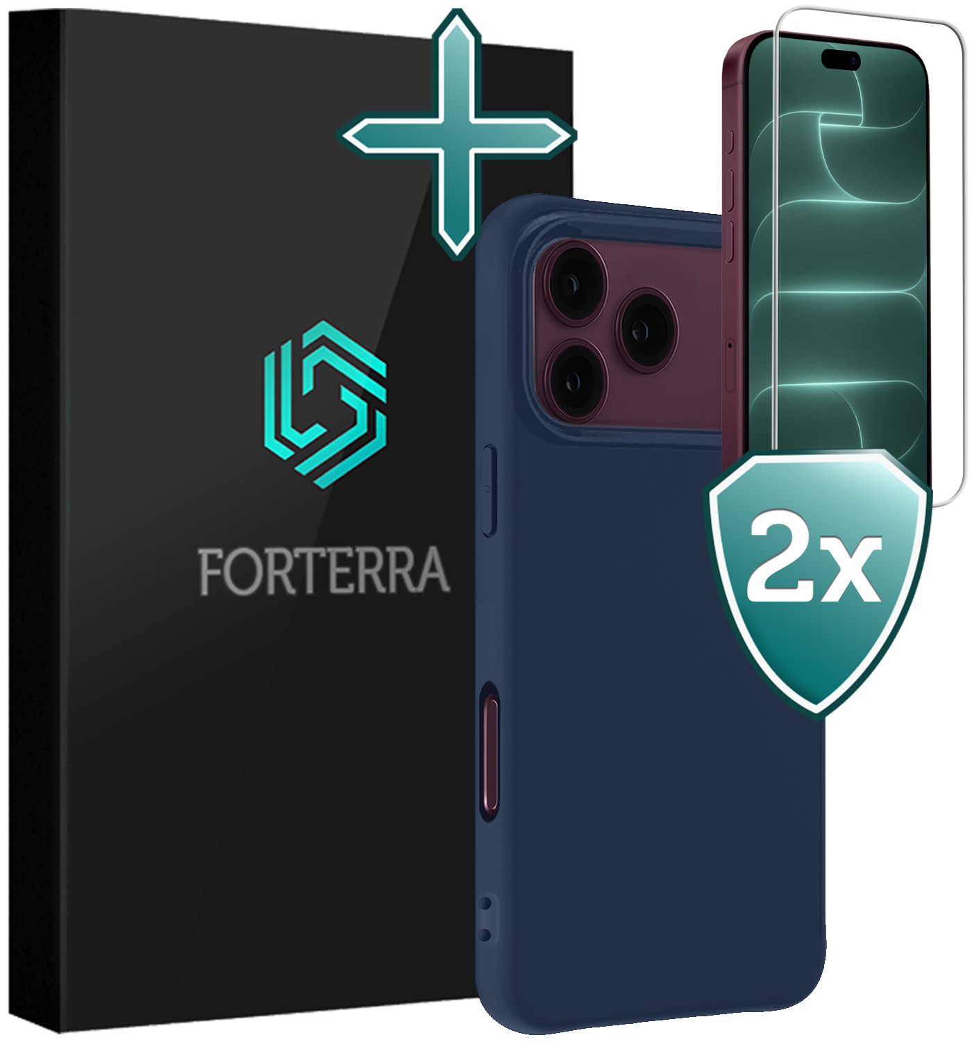 Forterra Forterra iPhone 18 Pro Max Hoesje Siliconen Met 2x Screenprotector Met Dichte Notch - Donkerblauw
