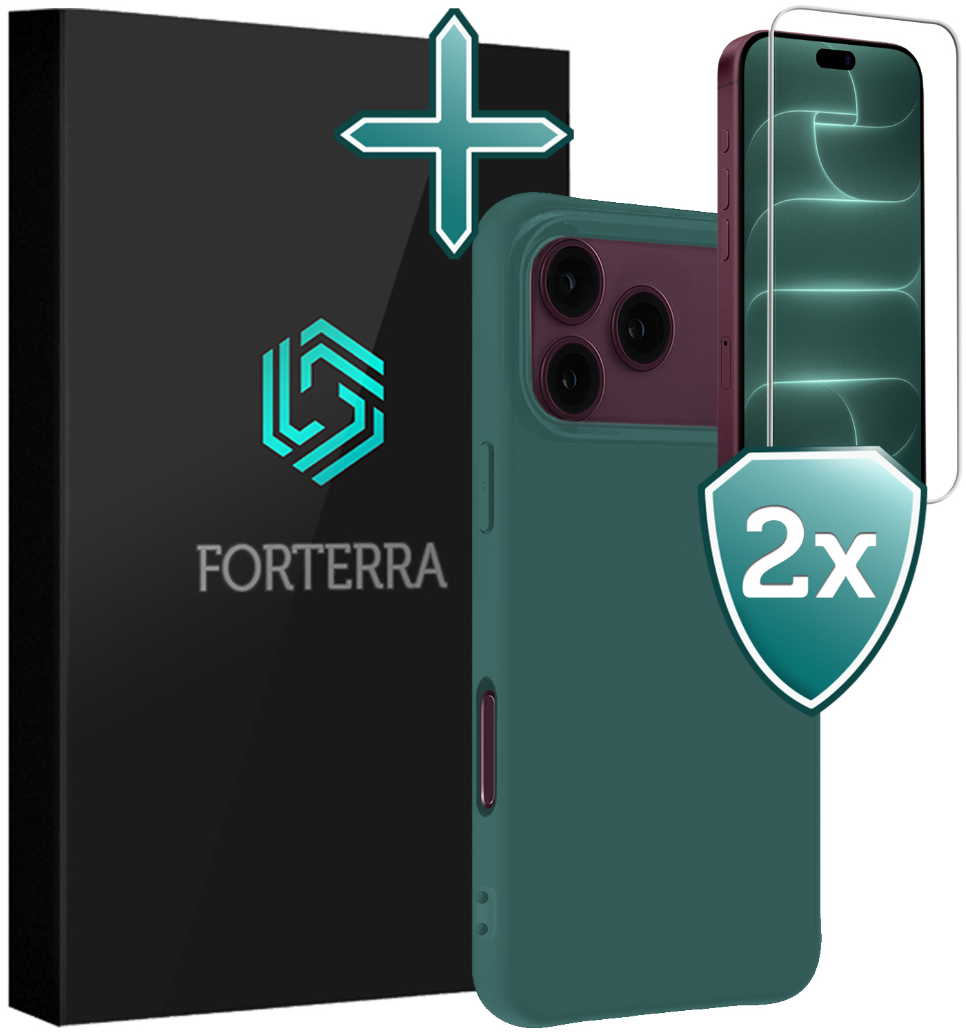 Forterra Forterra iPhone 18 Pro Max Hoesje Siliconen Met 2x Screenprotector Met Dichte Notch - Donkergroen
