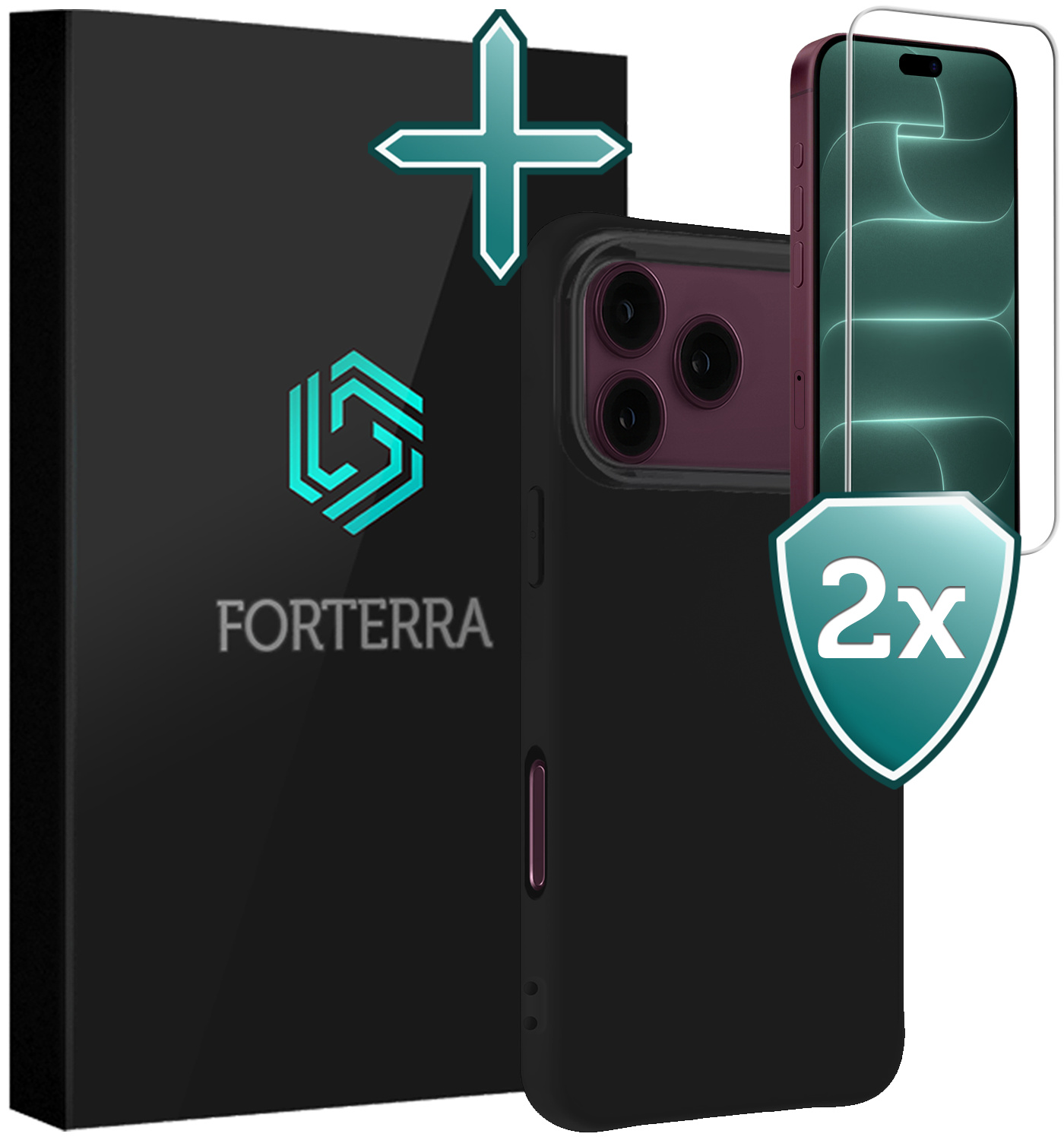 Forterra Forterra iPhone 18 Pro Max Hoesje Siliconen Met 2x Screenprotector Met Dichte Notch - Zwart