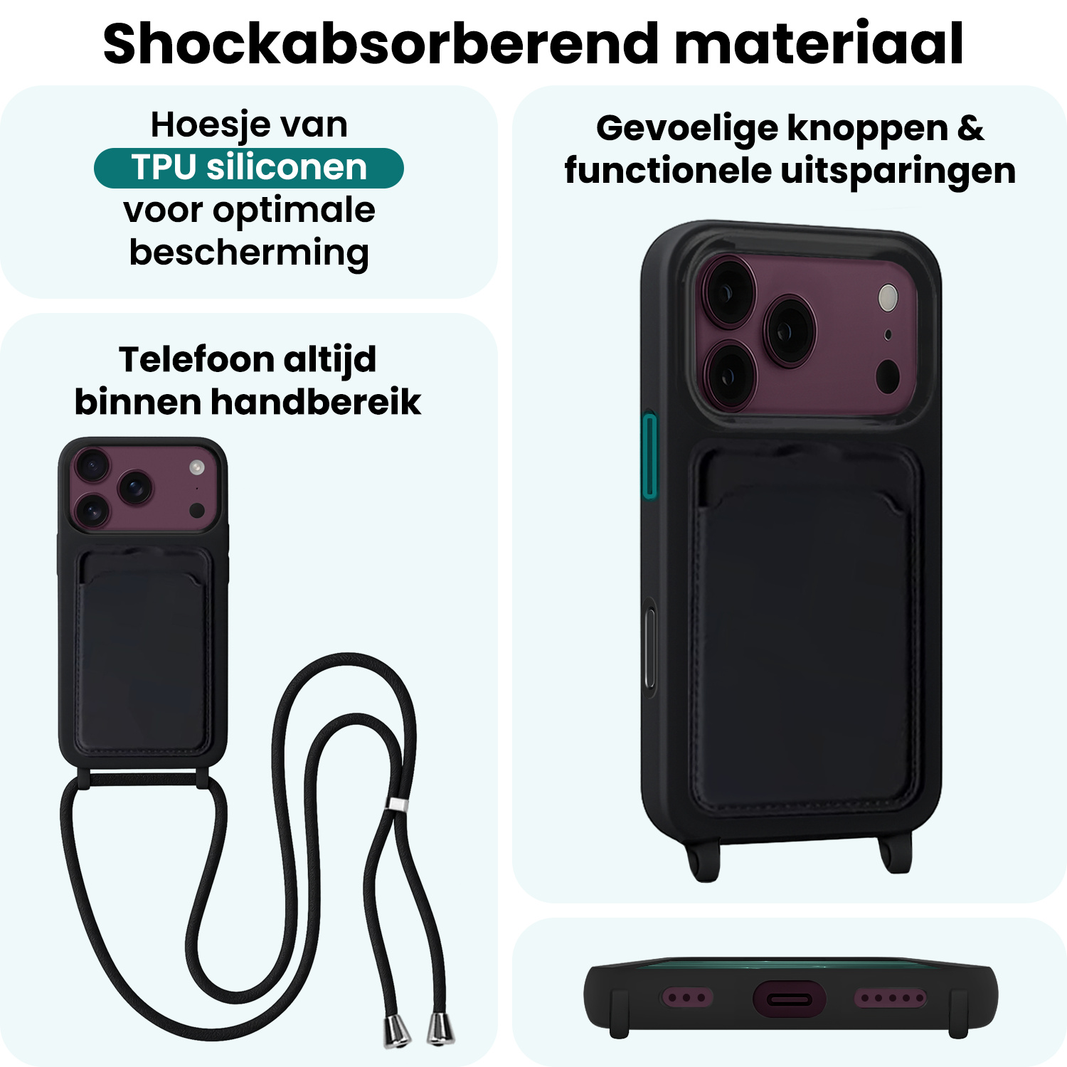 Forterra Forterra iPhone 18 Pro Max Hoesje Pashouder met Koord - Zwart