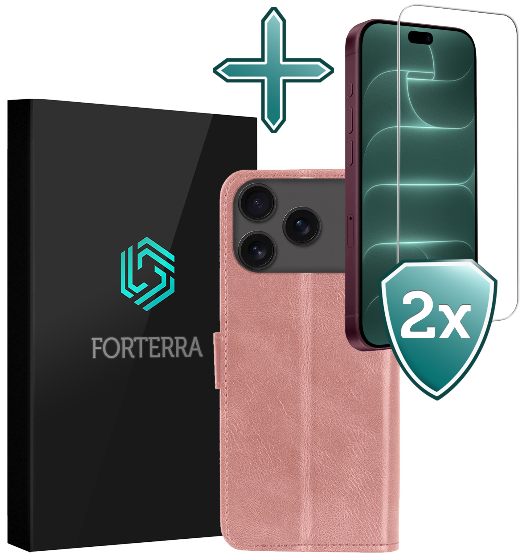 Forterra Forterra iPhone 18 Pro Hoesje Bookcase Met 2x Screenprotector - Rose Goud