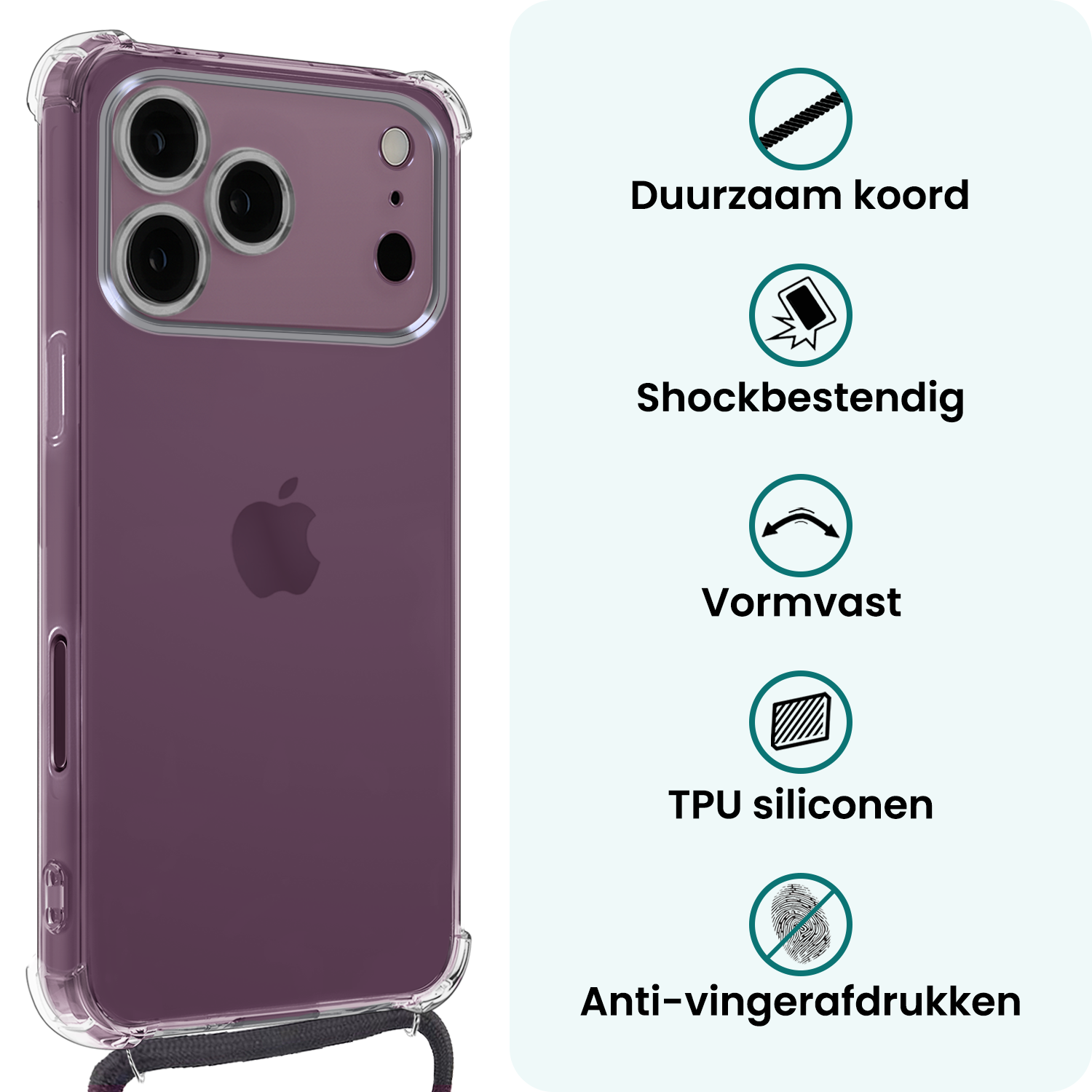 Forterra Forterra iPhone 18 Pro Max Hoesje Transparant Shockproof Met Zwart Koord