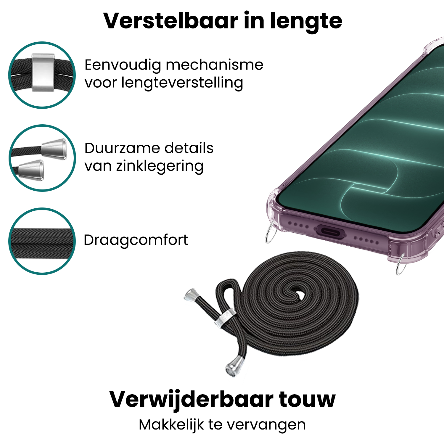 Forterra Forterra iPhone 18 Pro Max Hoesje Transparant Shockproof Met Zwart Koord