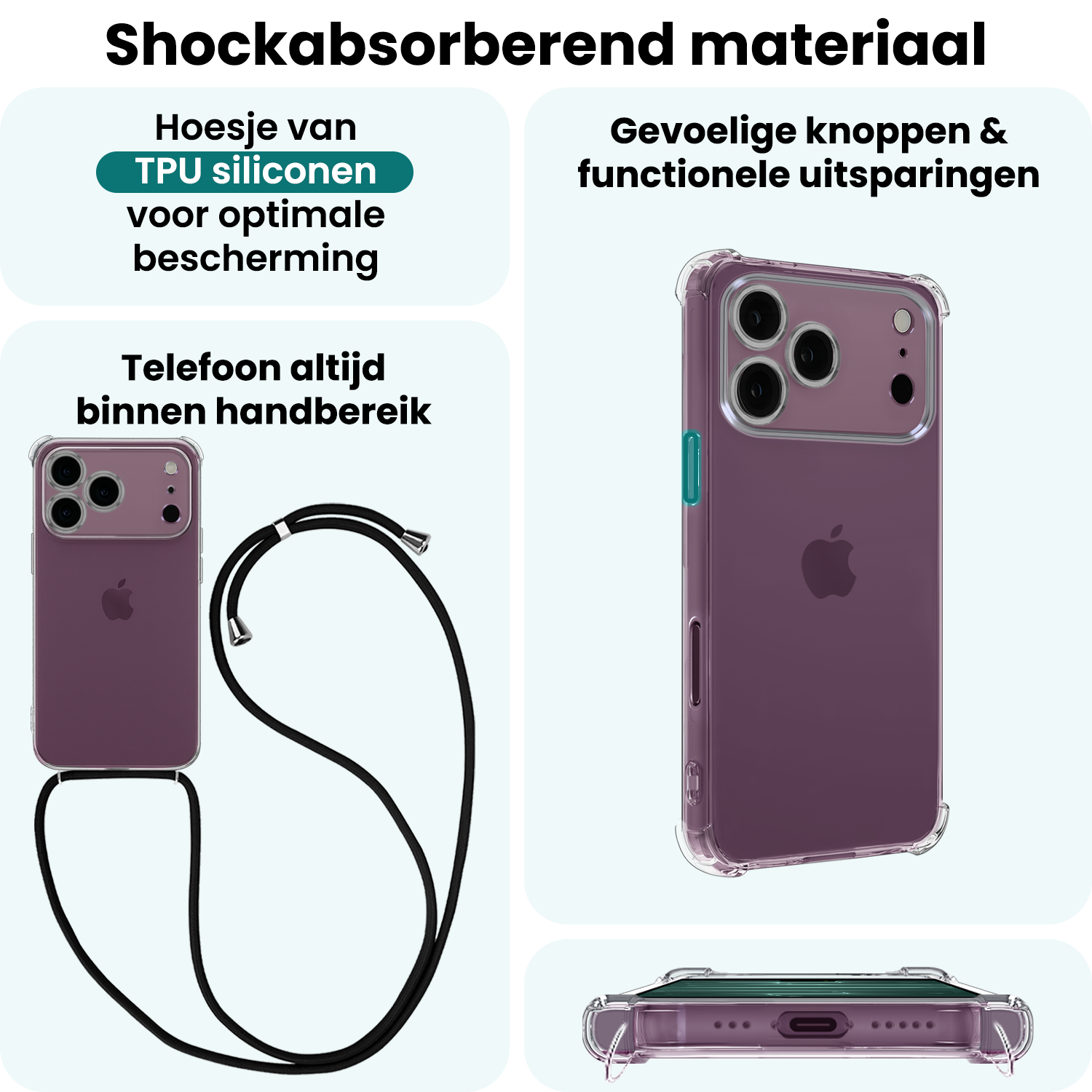 Forterra Forterra iPhone 18 Pro Max Hoesje Transparant Shockproof Met Zwart Koord