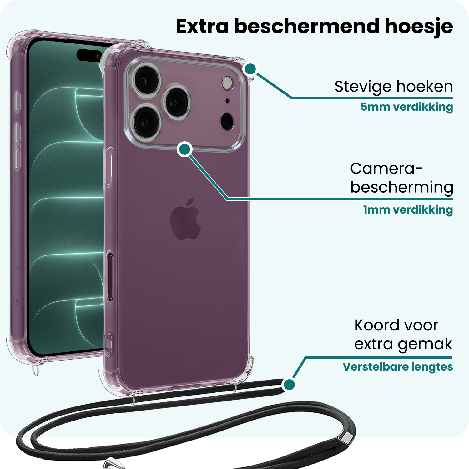 Forterra Forterra iPhone 18 Pro Hoesje Transparant Shockproof Met Zwart Koord