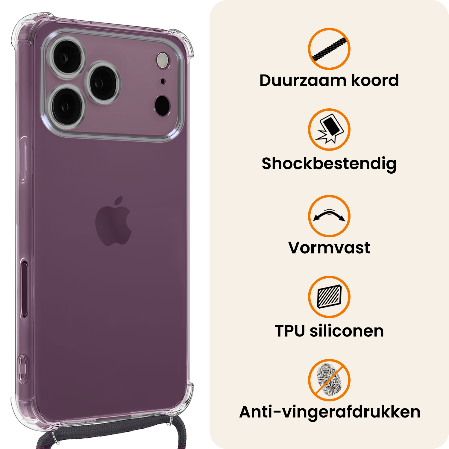 Nomfy Nomfy iPhone 18 Pro Max Hoesje Transparant Shockproof Met Zwart Koord