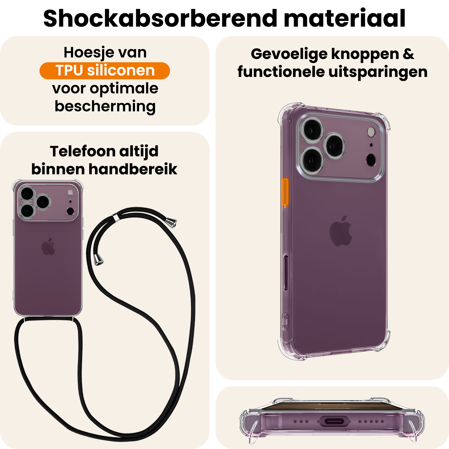Nomfy Nomfy iPhone 18 Pro Max Hoesje Transparant Shockproof Met Zwart Koord