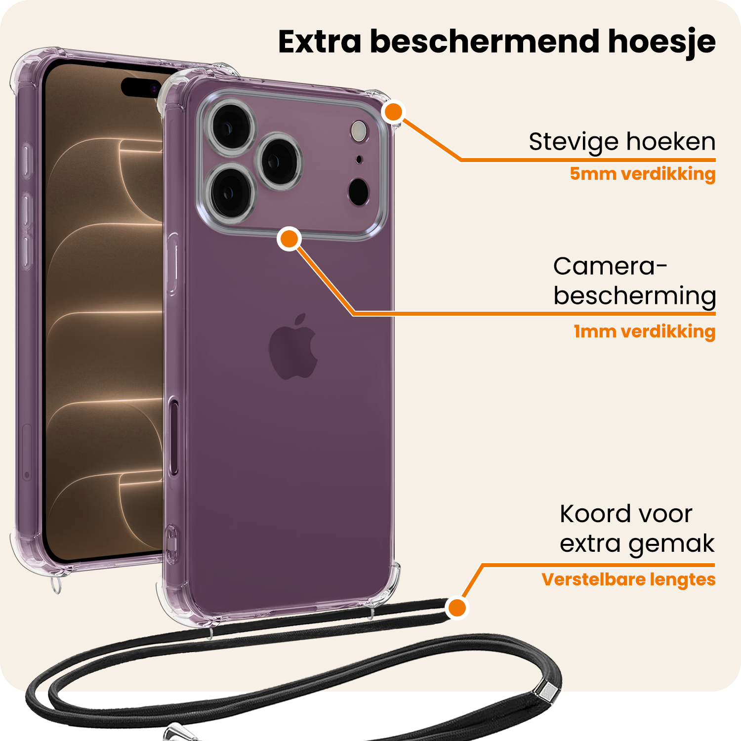 Nomfy Nomfy iPhone 18 Pro Hoesje Transparant Shockproof Met Zwart Koord