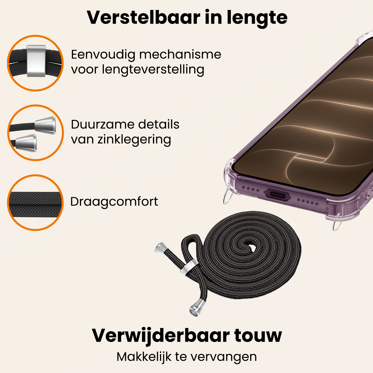Nomfy Nomfy iPhone 18 Pro Hoesje Transparant Shockproof Met Zwart Koord