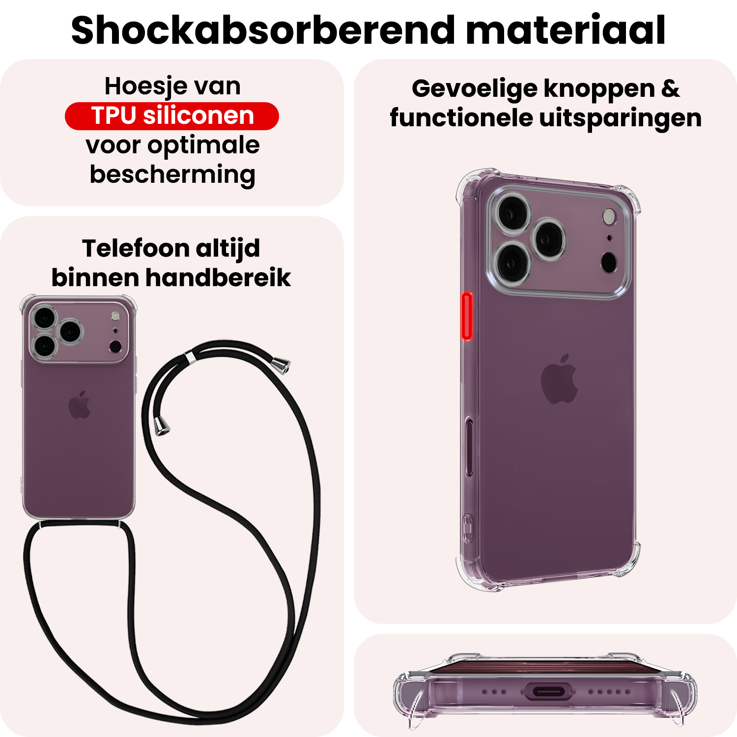 NoXx NoXx iPhone 18 Pro Max Hoesje Transparant Shockproof Met Zwart Koord