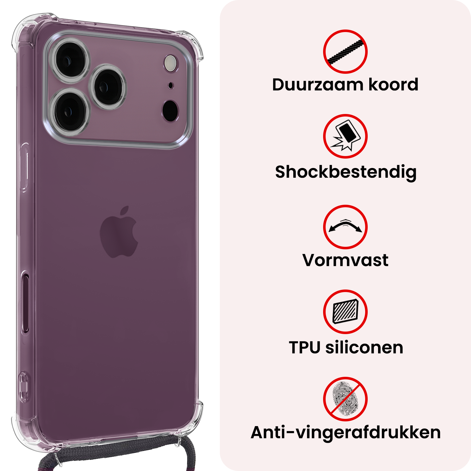 NoXx NoXx iPhone 18 Pro Hoesje Transparant Shockproof Met Zwart Koord