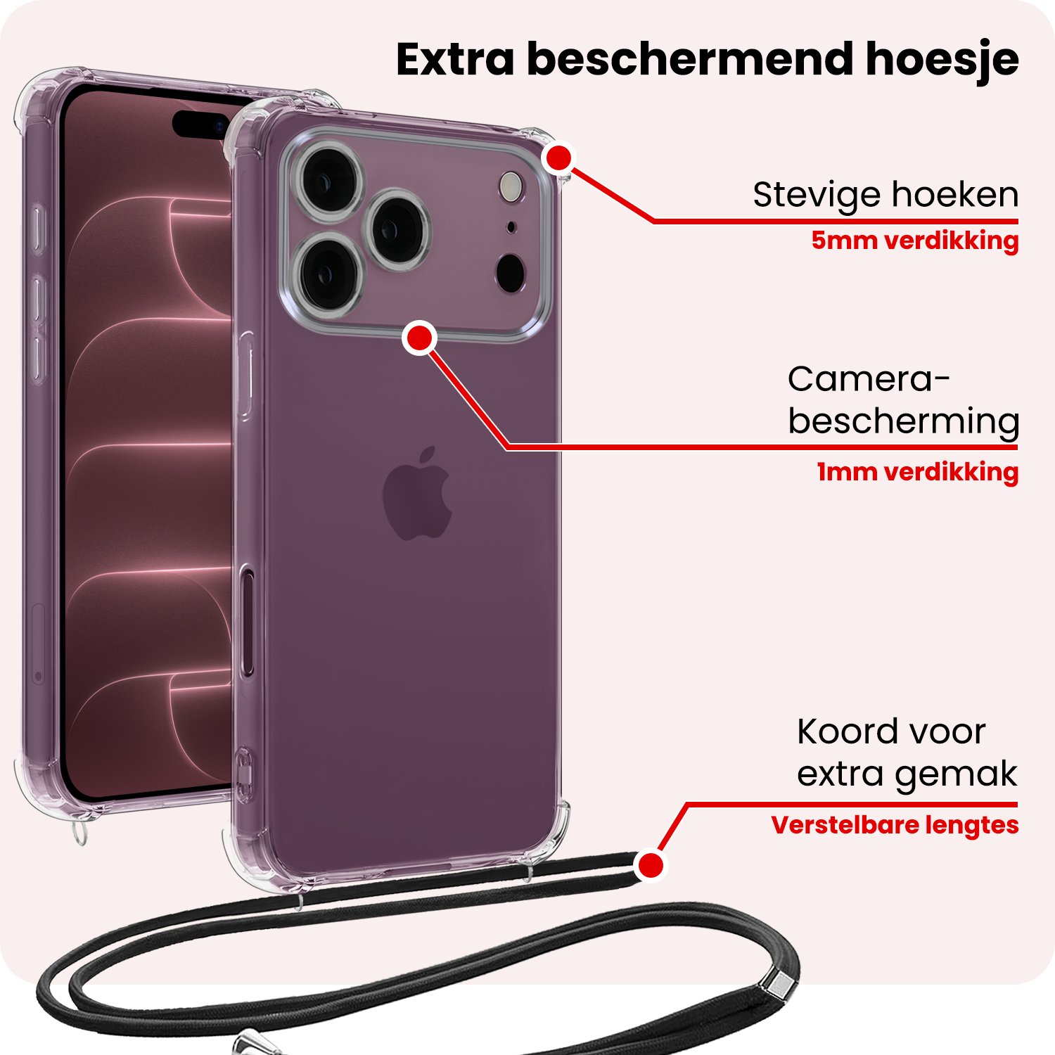 NoXx NoXx iPhone 18 Pro Hoesje Transparant Shockproof Met Zwart Koord