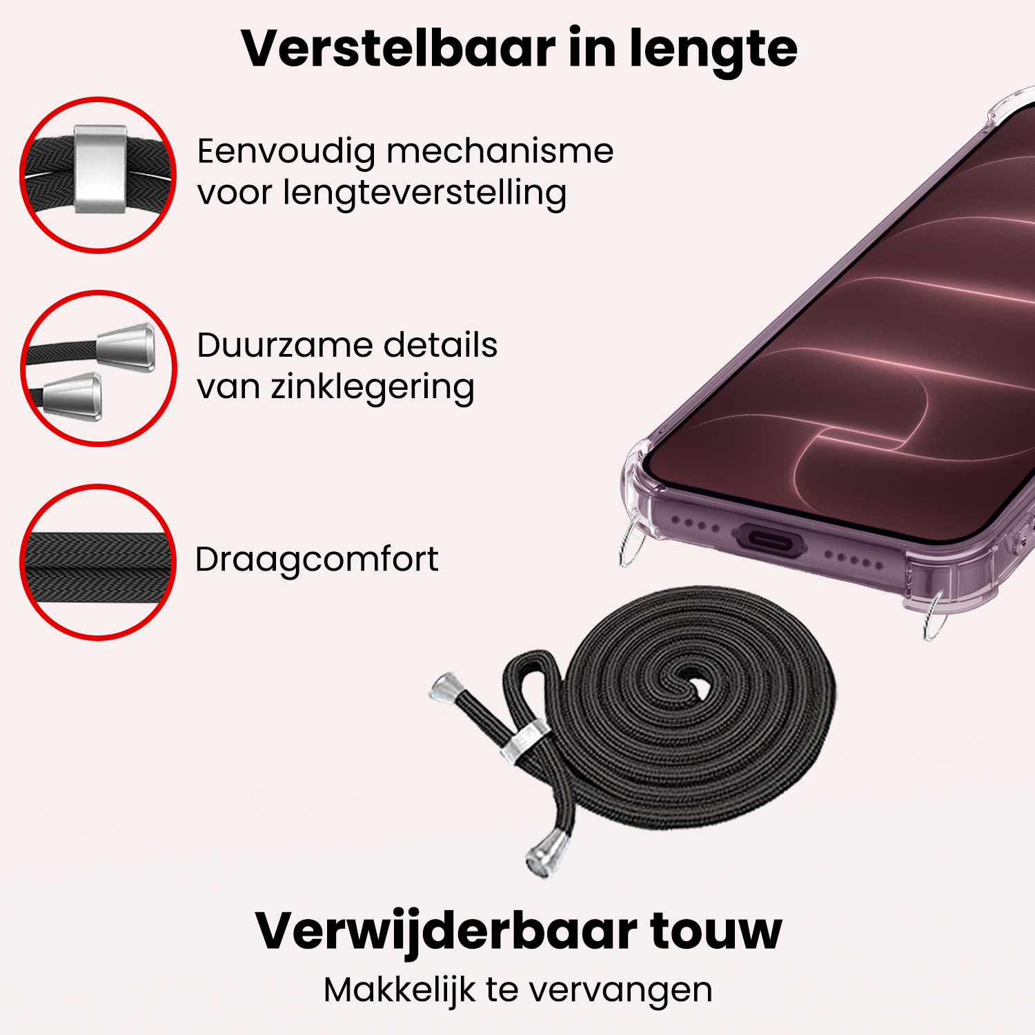 NoXx NoXx iPhone 18 Pro Hoesje Transparant Shockproof Met Zwart Koord