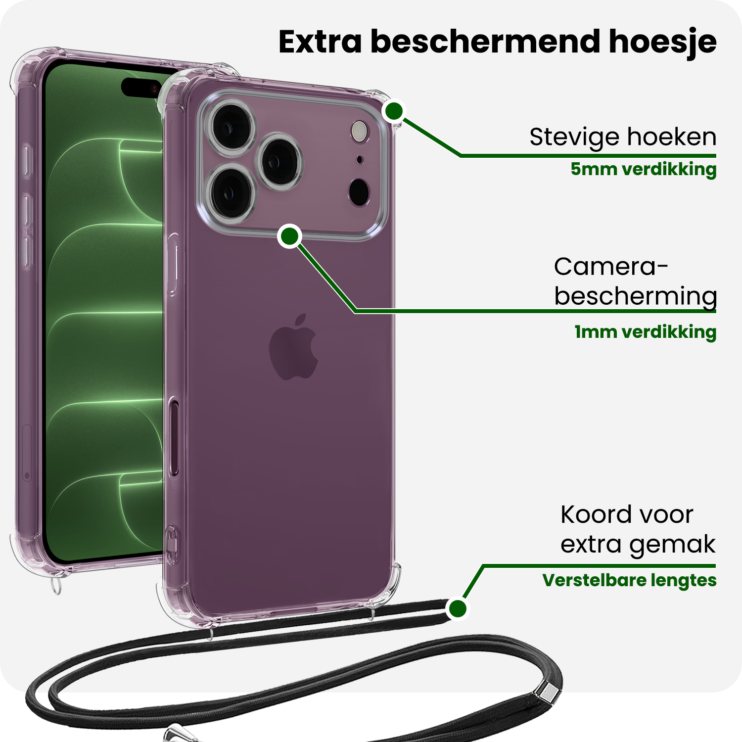 BASEY. BASEY. iPhone 18 Pro Hoesje Transparant Shockproof Met Zwart Koord