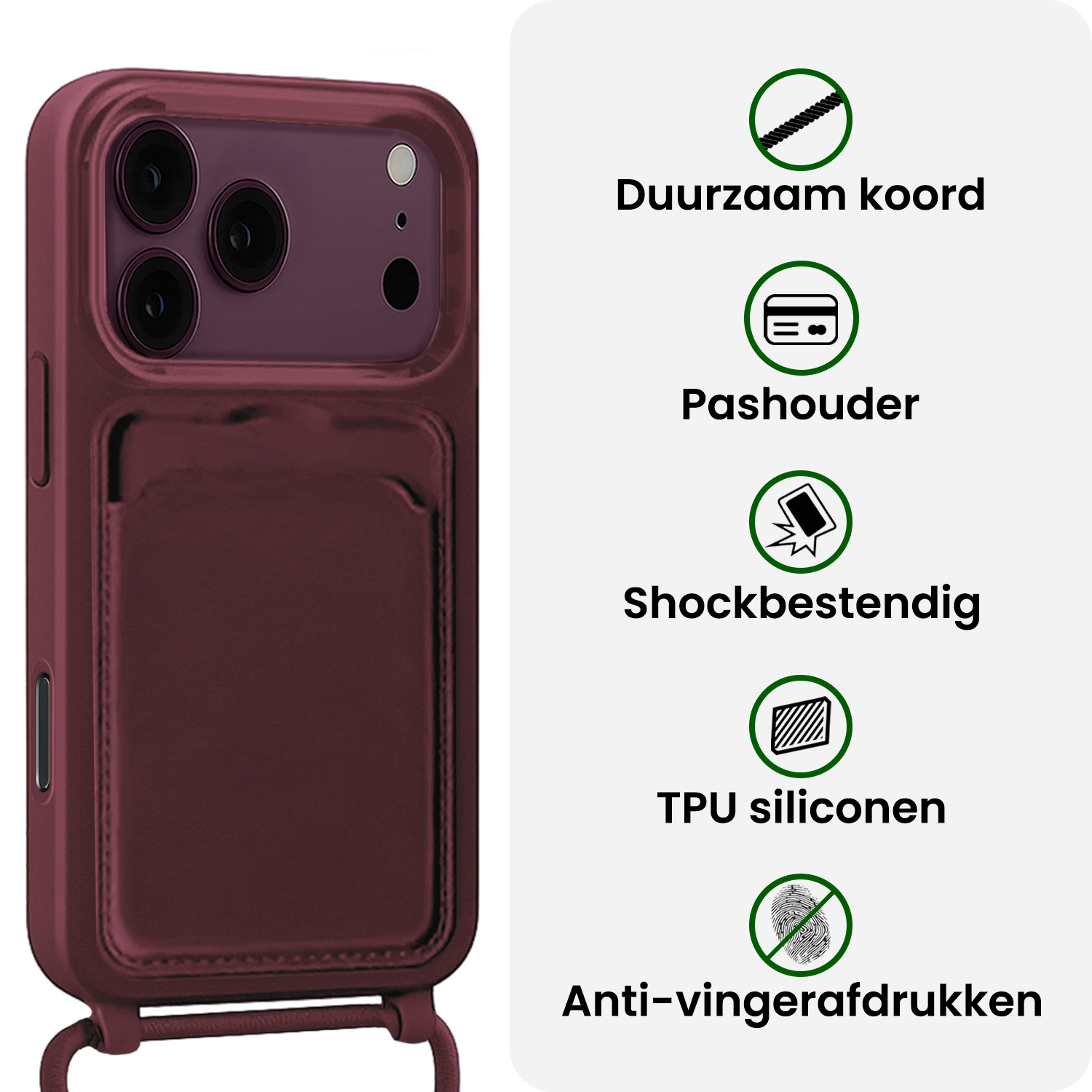 BASEY. BASEY. iPhone 18 Pro Hoesje Pashouder met Koord Met 2x Screenprotector - Aubergine