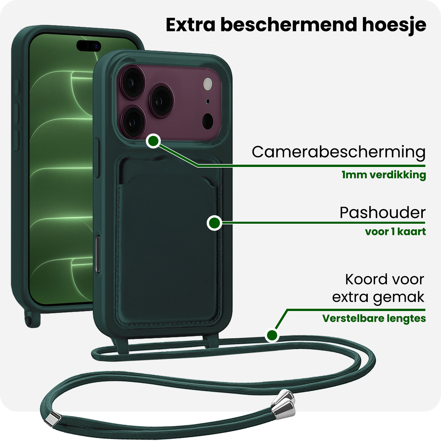 BASEY. BASEY. iPhone 18 Pro Hoesje Pashouder met Koord - Donkergroen - 2 PACK