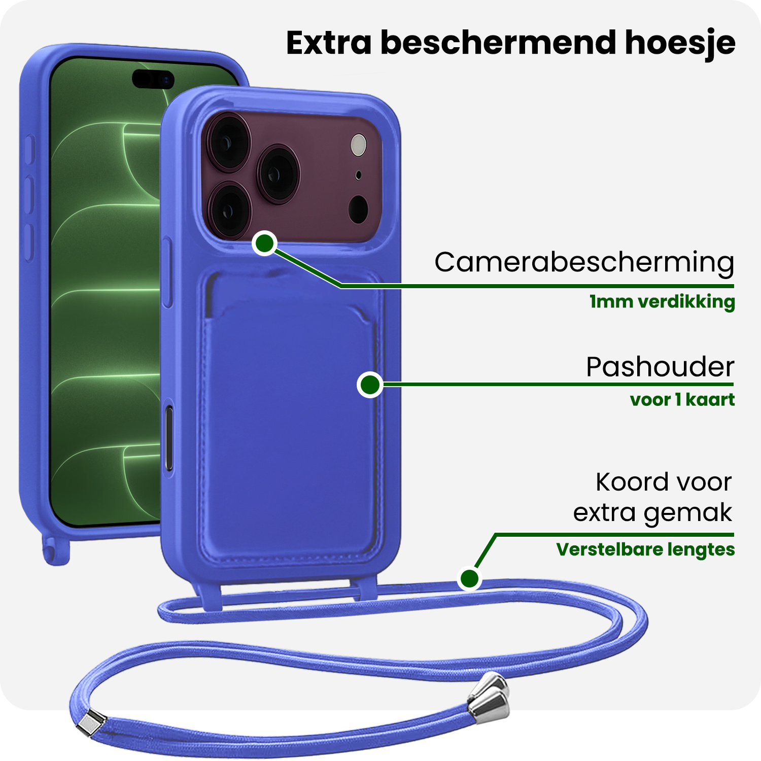 BASEY. BASEY. iPhone 18 Pro Hoesje Pashouder met Koord Met 2x Screenprotector - Fel Blauw