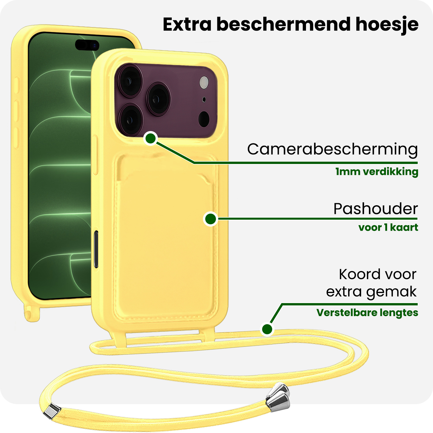 BASEY. BASEY. iPhone 18 Pro Hoesje Pashouder met Koord Met 2x Screenprotector - Geel